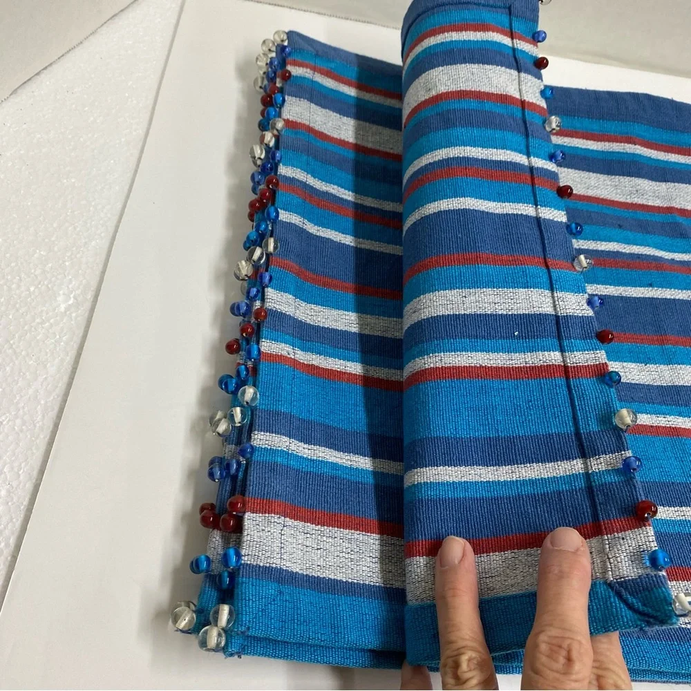Pier 1 Imports Striped Tapestry Placemats set of 6 Beaded blues red gray Casual